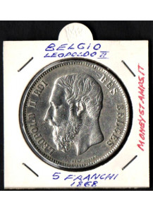 BELGIO 5 Franchi Argento KM # 24 1868 Leopoldo II